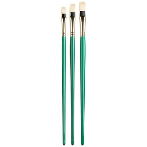 The Pro Arte Series A brushes are made from Jyukeis hog, which is considered the best Chinese bristle available. It is firm and curved to a sharp edge in the Long and Short Flats, which makes it ideal for oil painting. These brushes are known for their exceptional spring and responsiveness, and their ability to maintain their shape even after long-term use and cleaning. They feature seamless nickelled brass ferrules and long, polished green handles