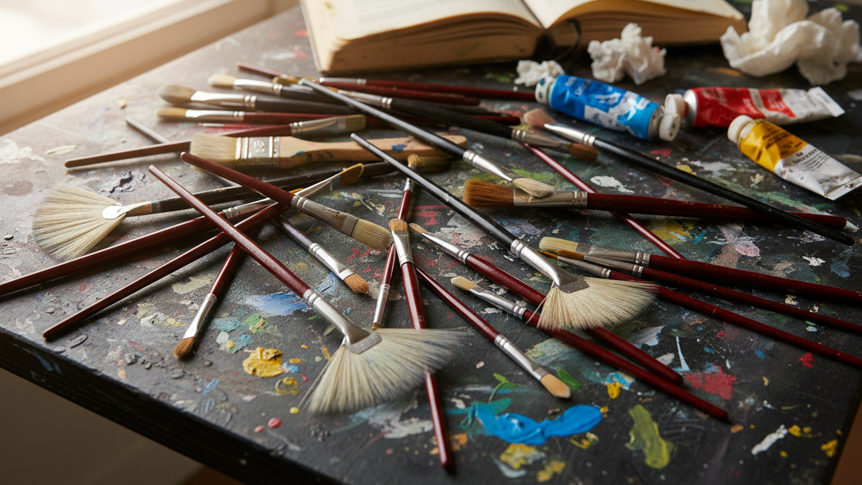 Art student's desk with a selection of artist's brushes for watercolour and oil painting