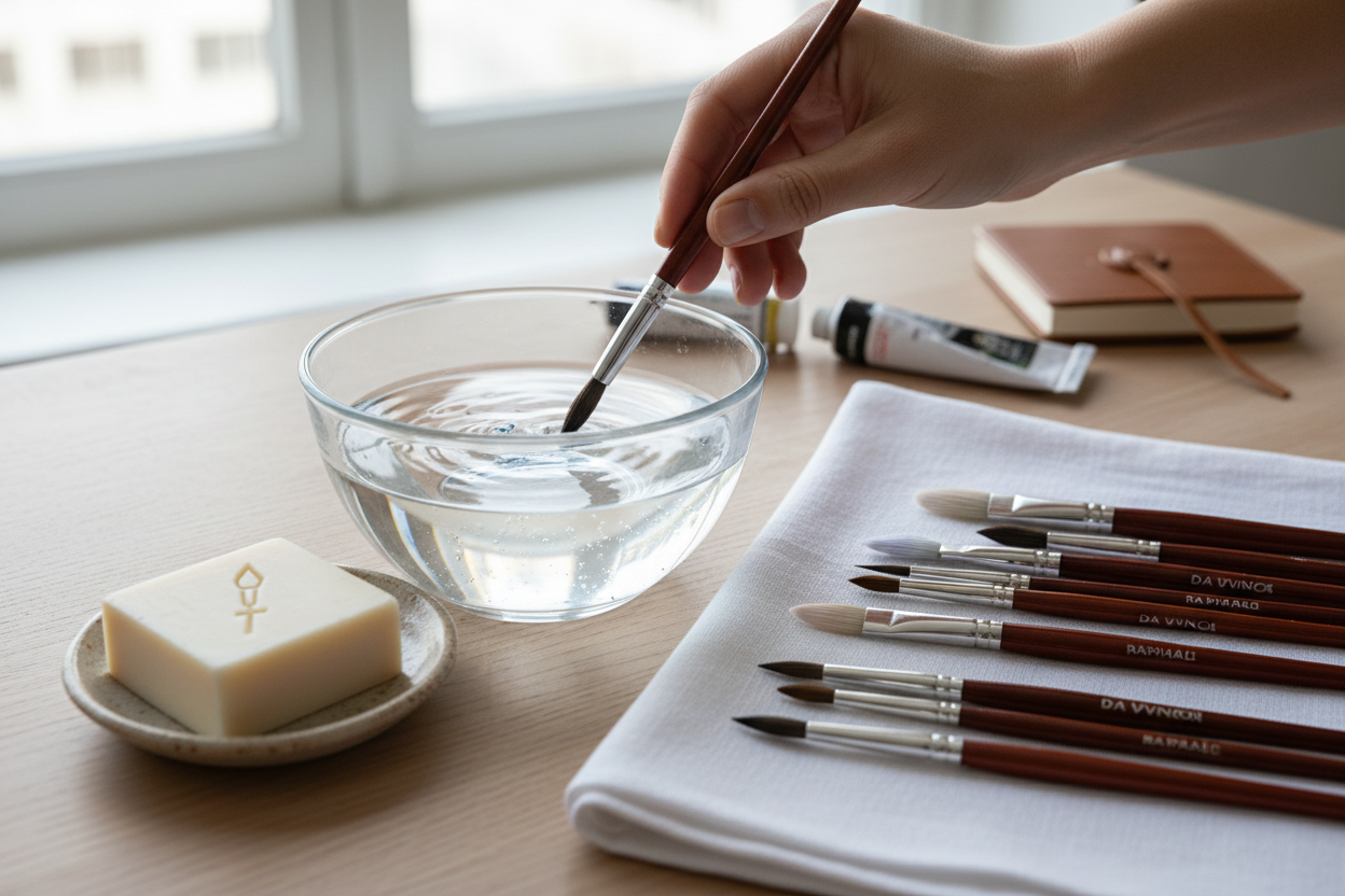 Artist cleaning and caring for paint brushes after a painting session