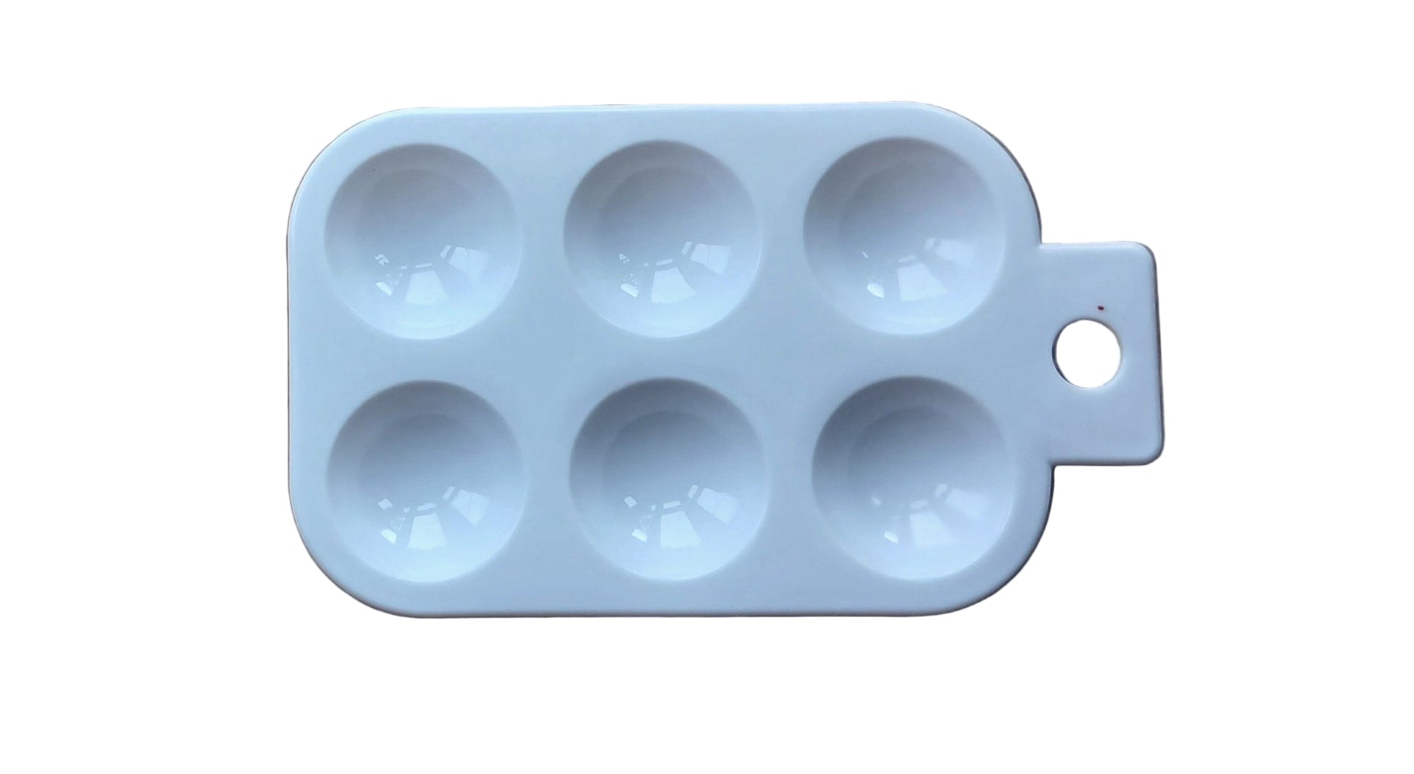 White plastic rectangular palette with 6 mixing wells