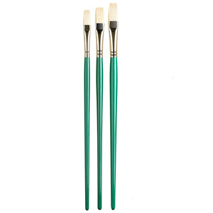 The Pro Arte Series A brushes are made from Jyukeis hog, which is considered the best Chinese bristle available. It is firm and curved to a sharp edge in the Long and Short Flats, which makes it ideal for oil painting. These brushes are known for their exceptional spring and responsiveness, and their ability to maintain their shape even after long-term use and cleaning. They feature seamless nickelled brass ferrules and long, polished green handles.