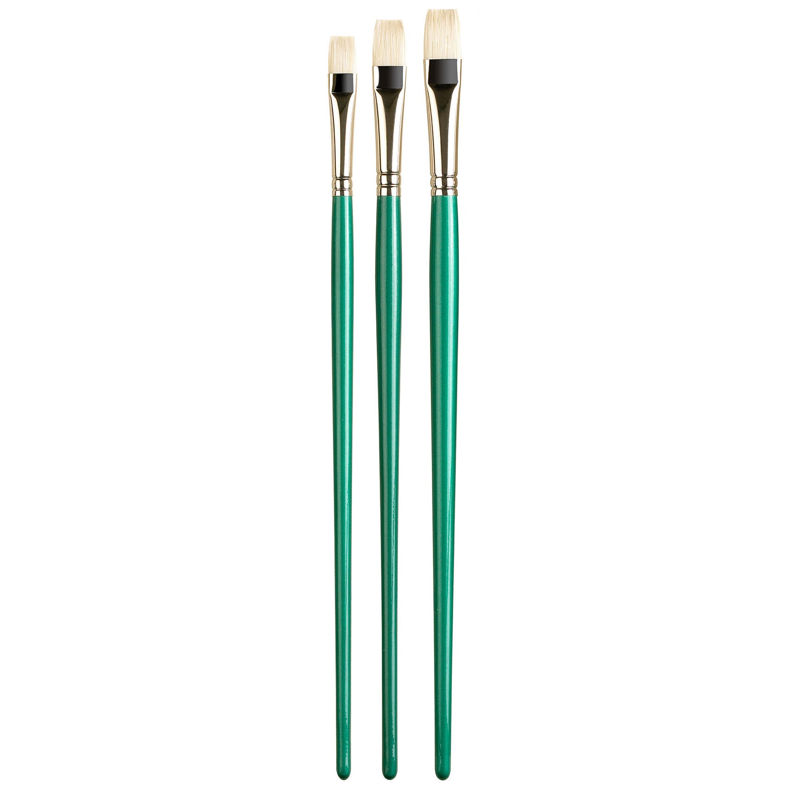 The Pro Arte Series A brushes are made from Jyukeis hog, which is considered the best Chinese bristle available. It is firm and curved to a sharp edge in the Long and Short Flats, which makes it ideal for oil painting. These brushes are known for their exceptional spring and responsiveness, and their ability to maintain their shape even after long-term use and cleaning. They feature seamless nickelled brass ferrules and long, polished green handles