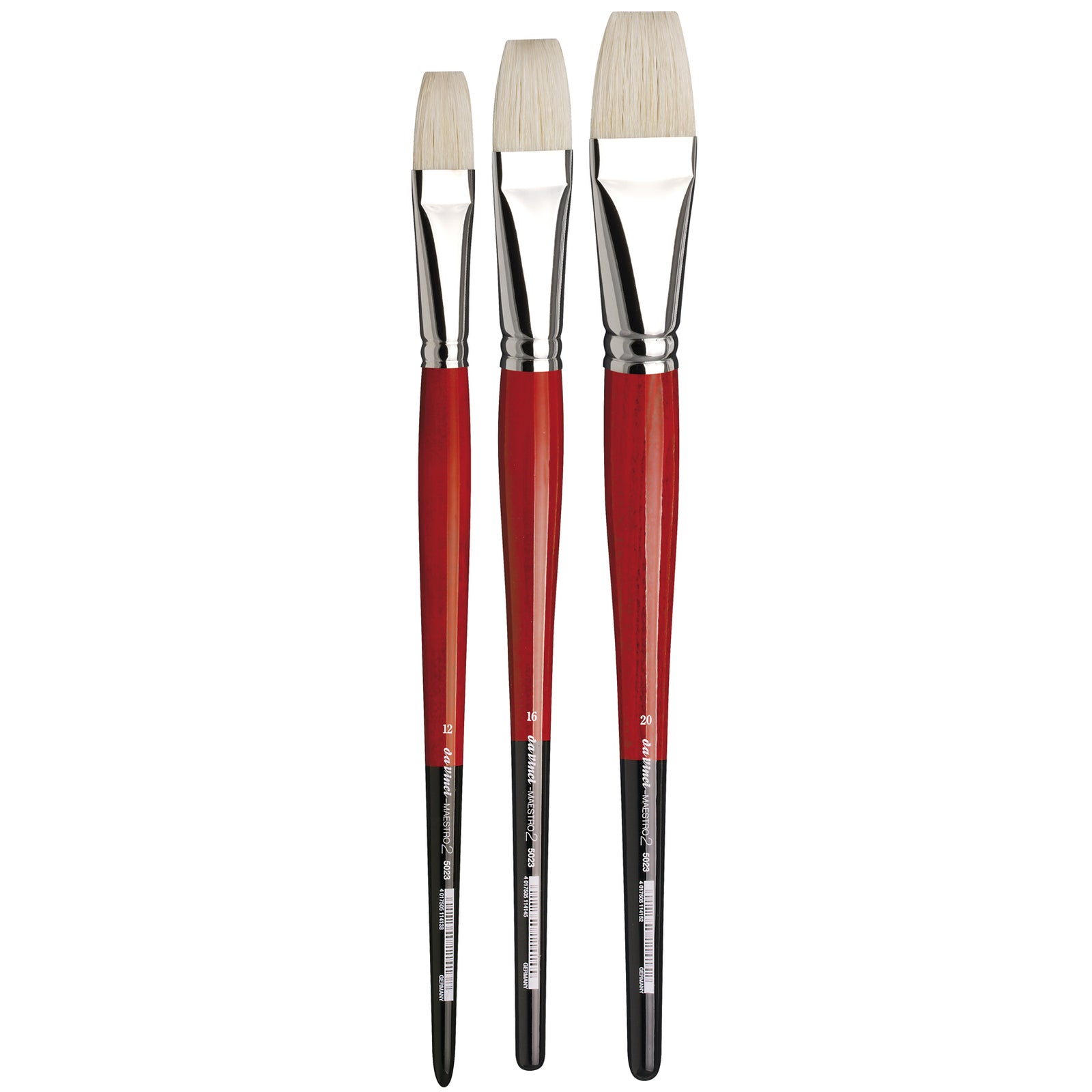 The Da Vinci Maestro 2 Bristle Brush is a high-quality brush designed to last. Its natural hog bristles are interlocked deep into the ferrule, ensuring lasting elasticity, springiness, and longevity. Additionally, this brush has excellent colour retention capabilities. Its long red handle with black ends and silver ferrules make it a great choice for oil and acrylic painting.