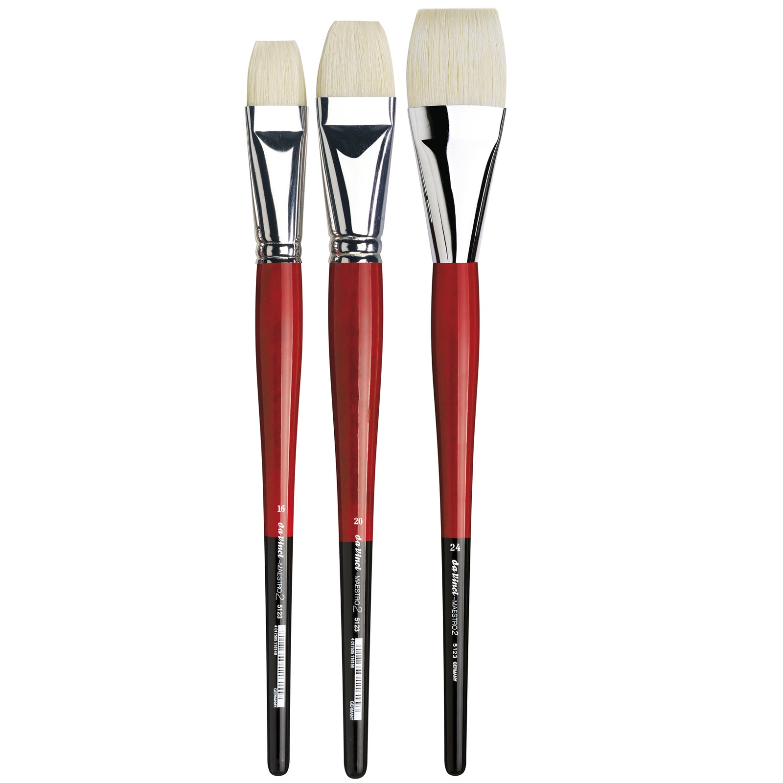 The Da Vinci Maestro 2 Bristle Brush is crafted with natural hog bristles that are interlocked deeply into the ferrule, ensuring superior elasticity, springiness, and durability. This design provides excellent colour retention capabilities. The brush features long red handles with black ends and silver ferrules, making it ideal for use with oil and acrylic paints.