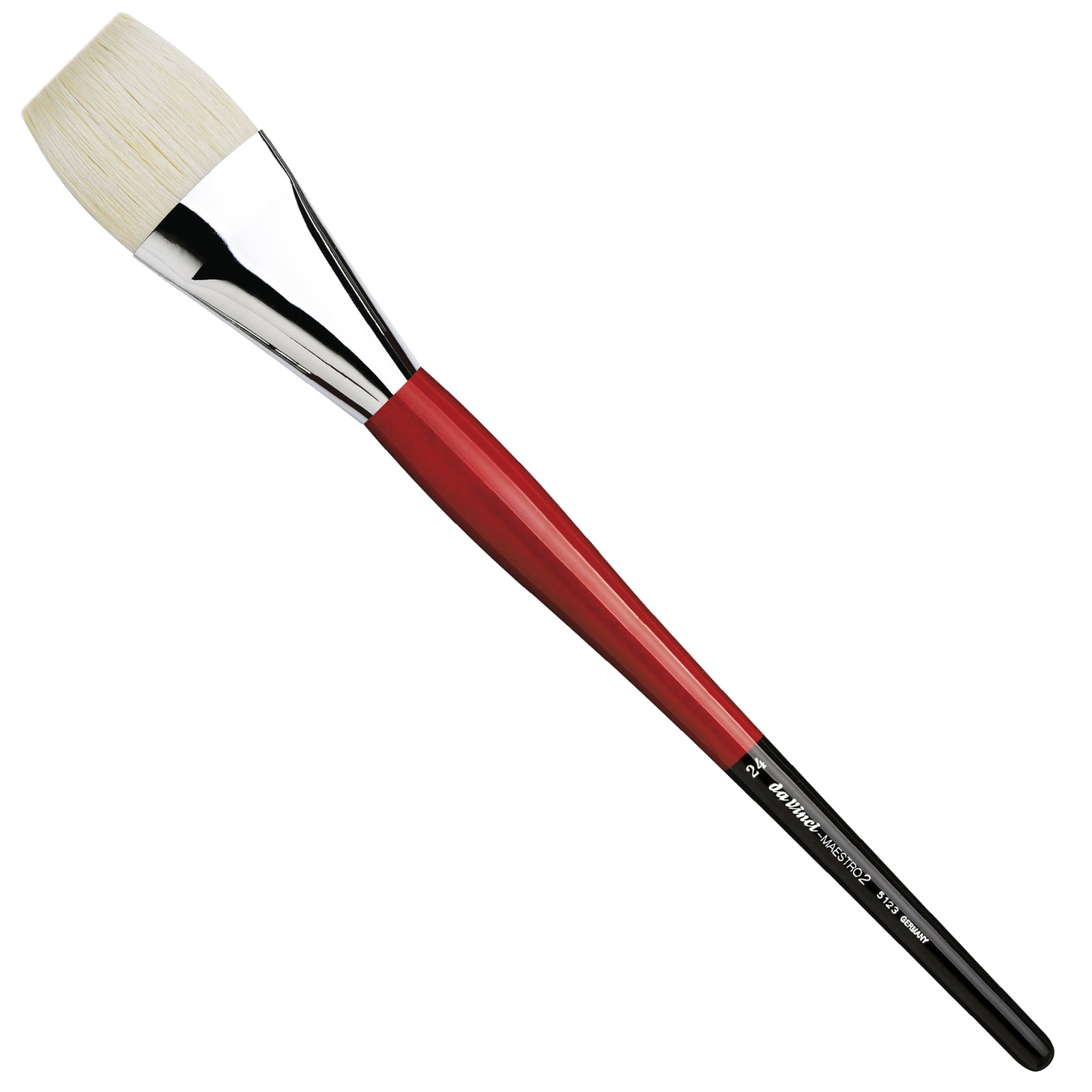 The Da Vinci Maestro 2 Bristle Brush is crafted with natural hog bristles that are interlocked deeply into the ferrule, ensuring superior elasticity, springiness, and durability. This design provides excellent colour retention capabilities. The brush features long red handles with black ends and silver ferrules, making it ideal for use with oil and acrylic paints.