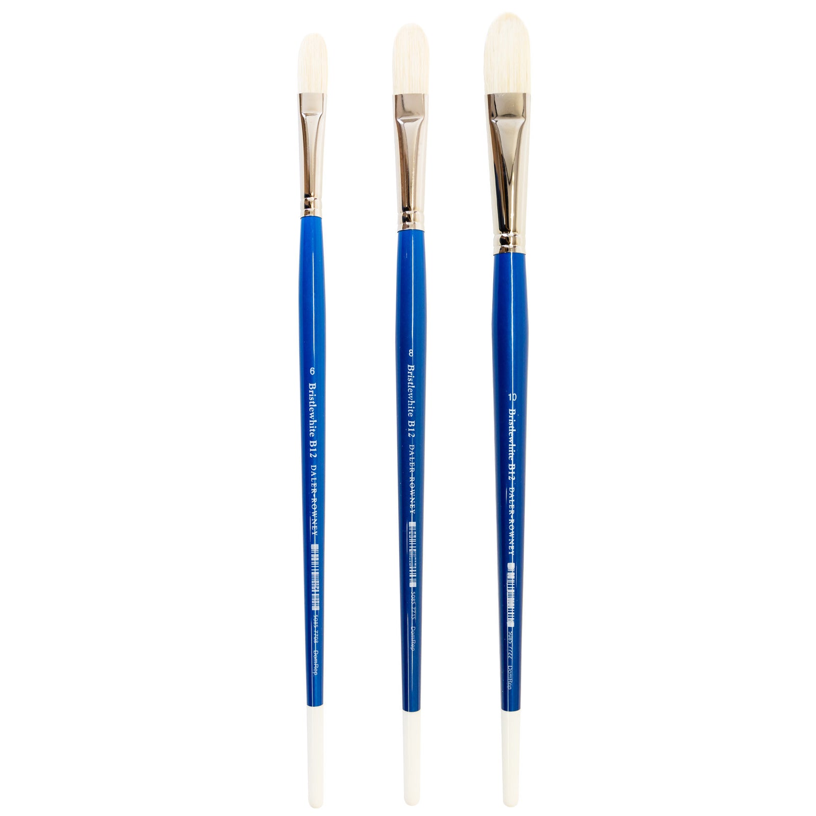 Daler Rowney's acclaimed Bristlewhite range, instantly recognisable by its white-tipped blue handle, is a best-selling hog hair brush series. Chungking hog bristle is noted for its resilience and durability, making these brushes outstanding value.   The Series B12, Filberts, are broader than ‘rounds’, curving gently towards a point. Useful for strong tapering strokes.