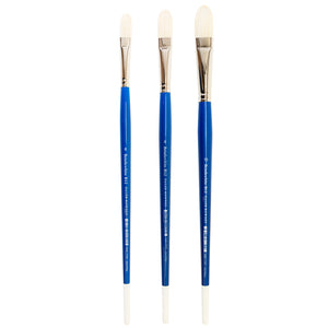 Daler Rowney's acclaimed Bristlewhite range, instantly recognisable by its white-tipped blue handle, is a best-selling hog hair brush series. Chungking hog bristle is noted for its resilience and durability, making these brushes outstanding value.   The Series B12, Filberts, are broader than ‘rounds’, curving gently towards a point. Useful for strong tapering strokes.
