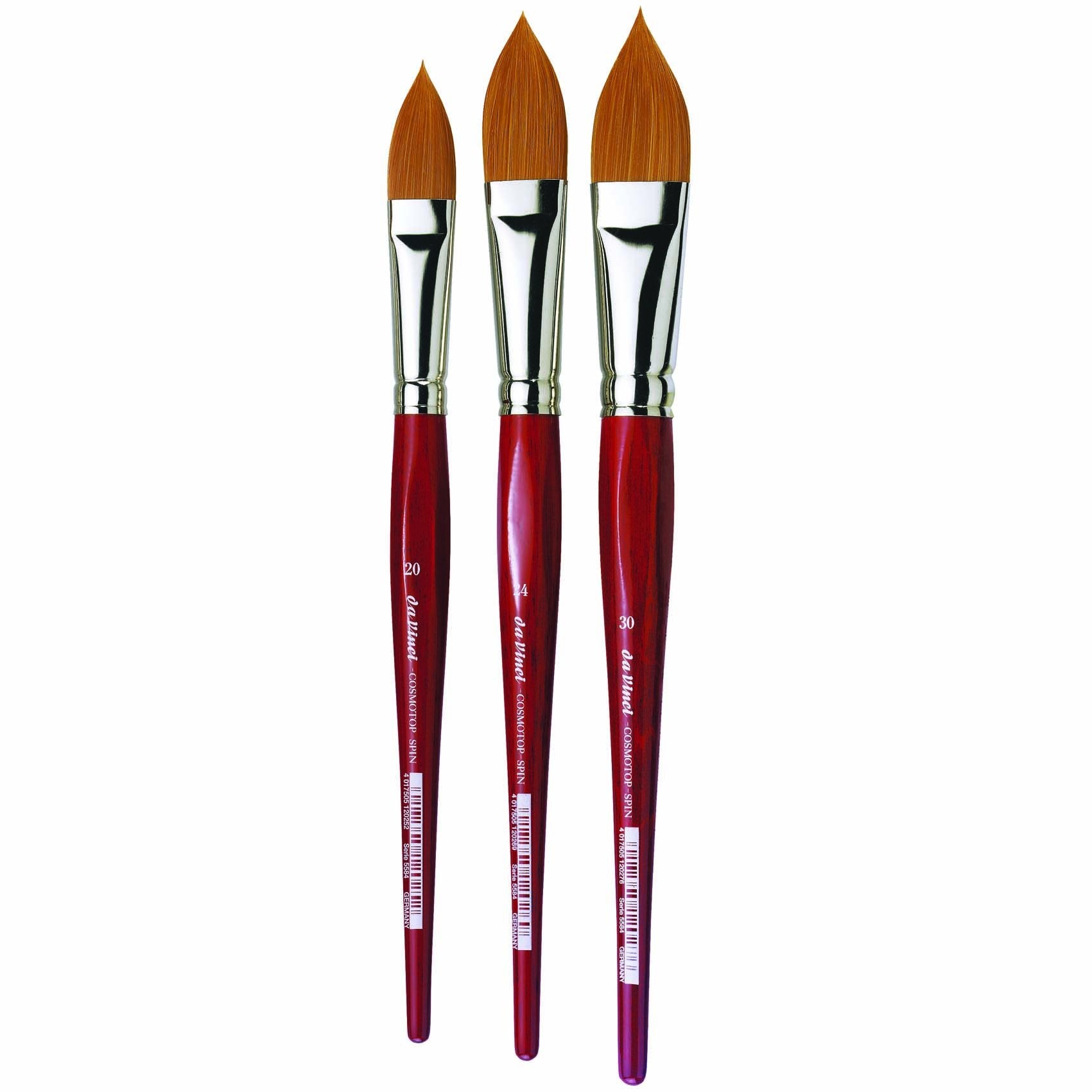 The Cosmotop Spin brush is made with five extra smooth different diameters of light brown synthetic fibre. The biggest on the outside for water-holding properties, the finest in the middle to ensure high colour absorption while maintaining a fine point, stable shape, and good spring. This brush is suitable for all liquid colours, especially for watercolour and silk painting.