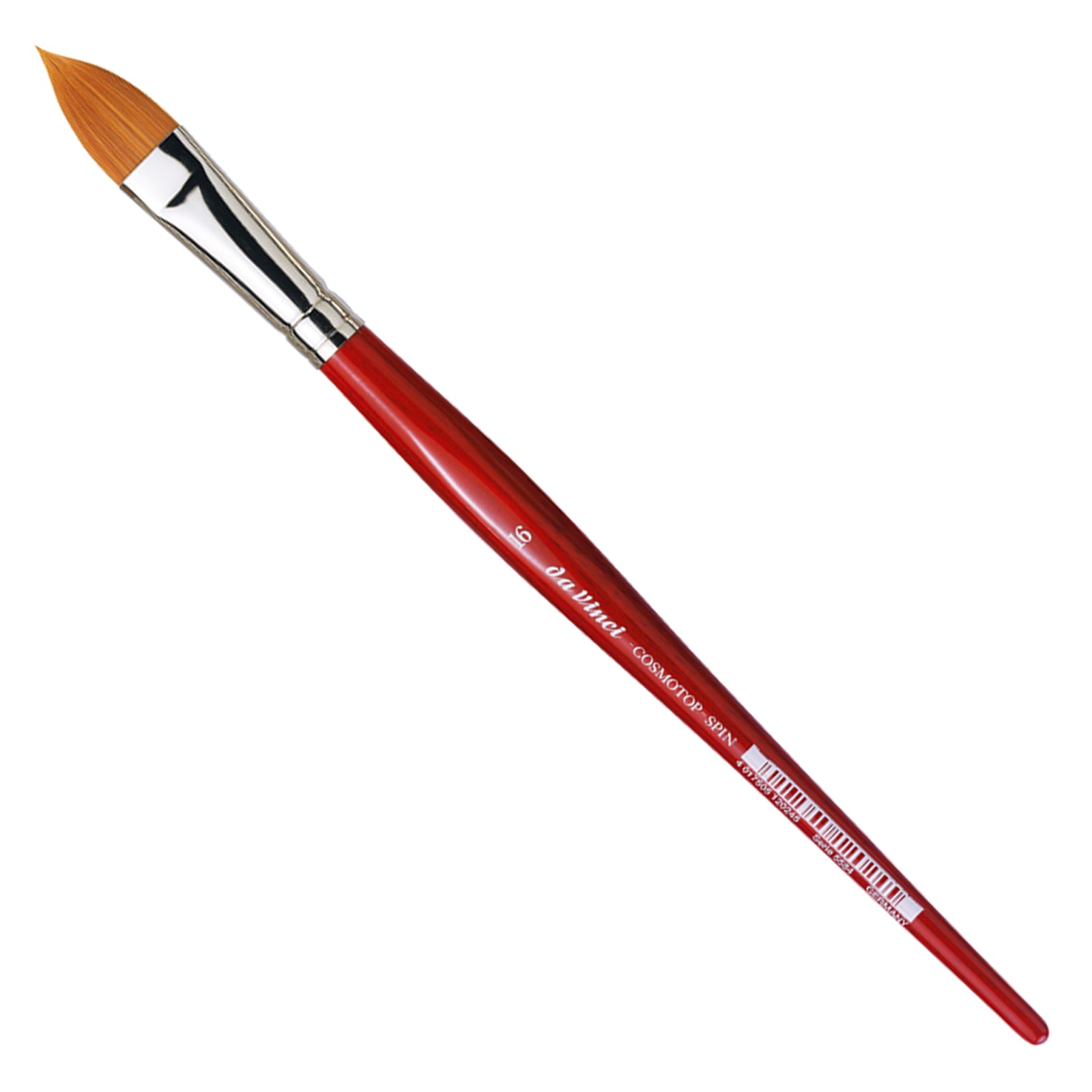 The Cosmotop Spin brush is made with five extra smooth different diameters of light brown synthetic fibre. The biggest on the outside for water-holding properties, the finest in the middle to ensure high colour absorption while maintaining a fine point, stable shape, and good spring. This brush is suitable for all liquid colours, especially for watercolour and silk painting.