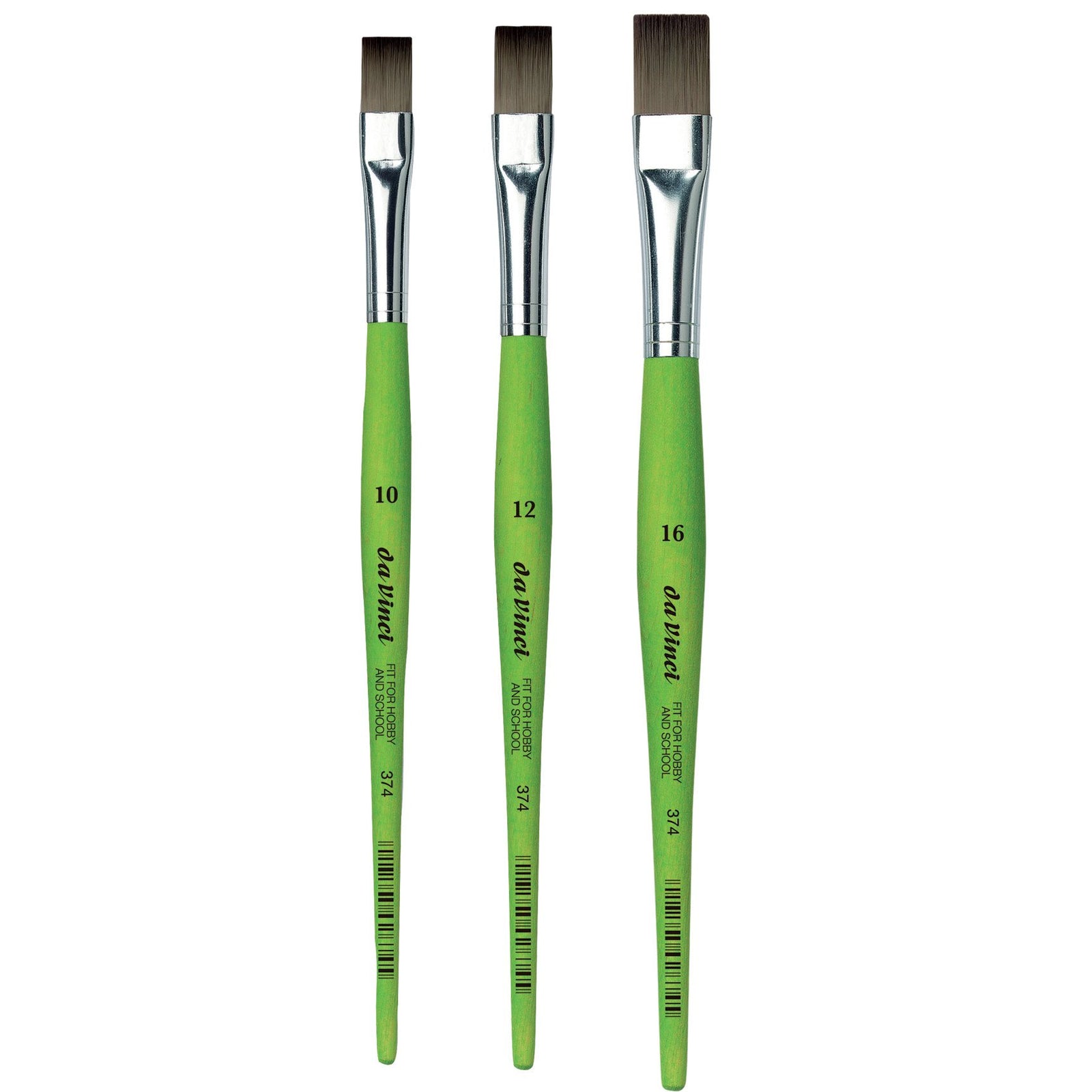 Suitable for use with all media, including Gouache, Oil, Acrylic and Watercolour paints. The Da Vinci 374 range of flat and bright brushes is specifically designed for schools, hobbies, and crafts.