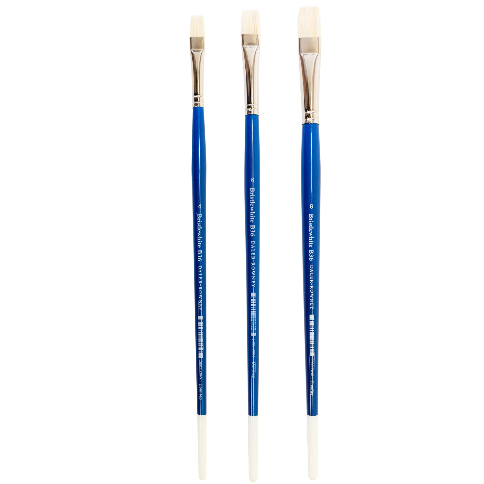 Daler Rowney's acclaimed Bristlewhite range, instantly recognisable by its white-tipped blue handle, is a best-selling hog hair brush series. Chungking hog bristle is noted for its resilience and durability, making these brushes outstanding value.   The Series B36, Short Flat, is excellent for applying thick, creamy paint for strong stroke definition and heavy impasto work.