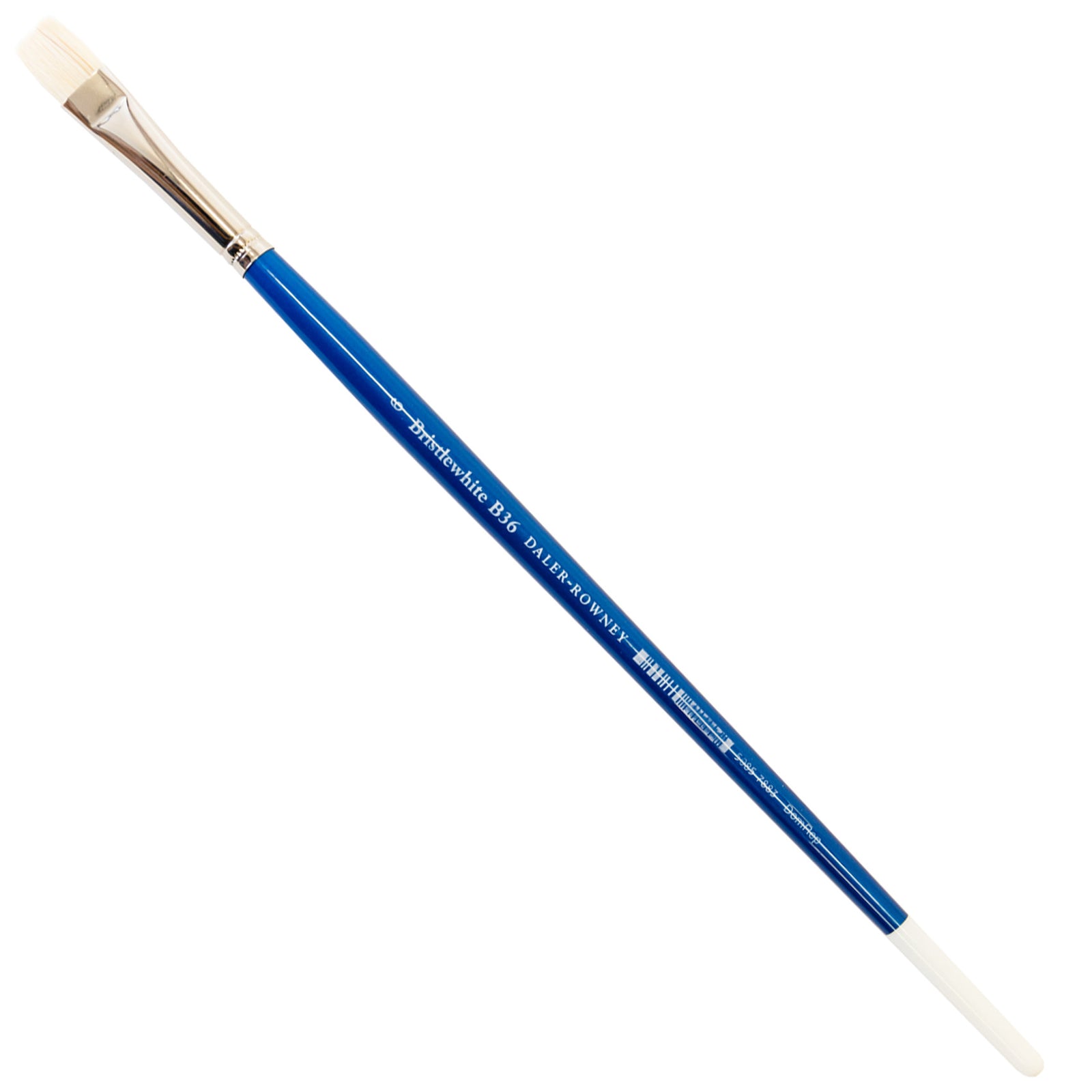 Daler Rowney's acclaimed Bristlewhite range, instantly recognisable by its white-tipped blue handle, is a best-selling hog hair brush series. Chungking hog bristle is noted for its resilience and durability, making these brushes outstanding value.   The Series B36, Short Flat, is excellent for applying thick, creamy paint for strong stroke definition and heavy impasto work.