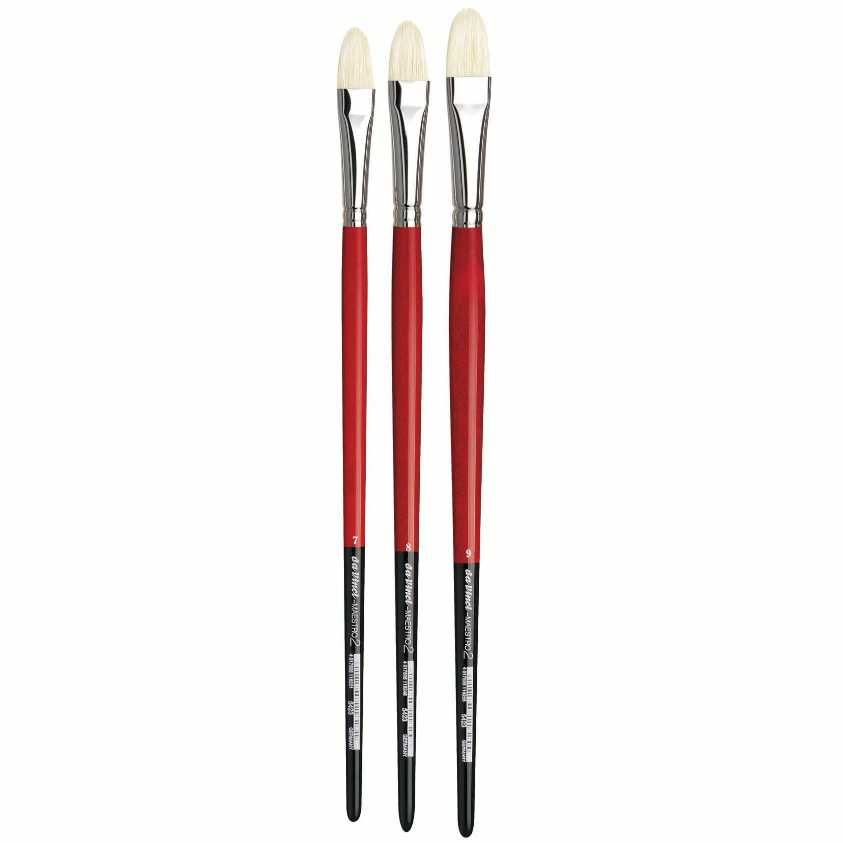 The Da Vinci Maestro 2 Bristle Brush is crafted by interlocking natural hog bristles deep into the ferrule, ensuring long-lasting elasticity, springiness, and durability. This design also allows the brush to hold colour exceptionally well. It features long red handles with black ends and silver ferrules, making it ideal for oil and acrylic painting. Additionally, its Filbert and Fresco shape makes it suitable for painting on wet, plastered surfaces and for mural painting on dry stucco.