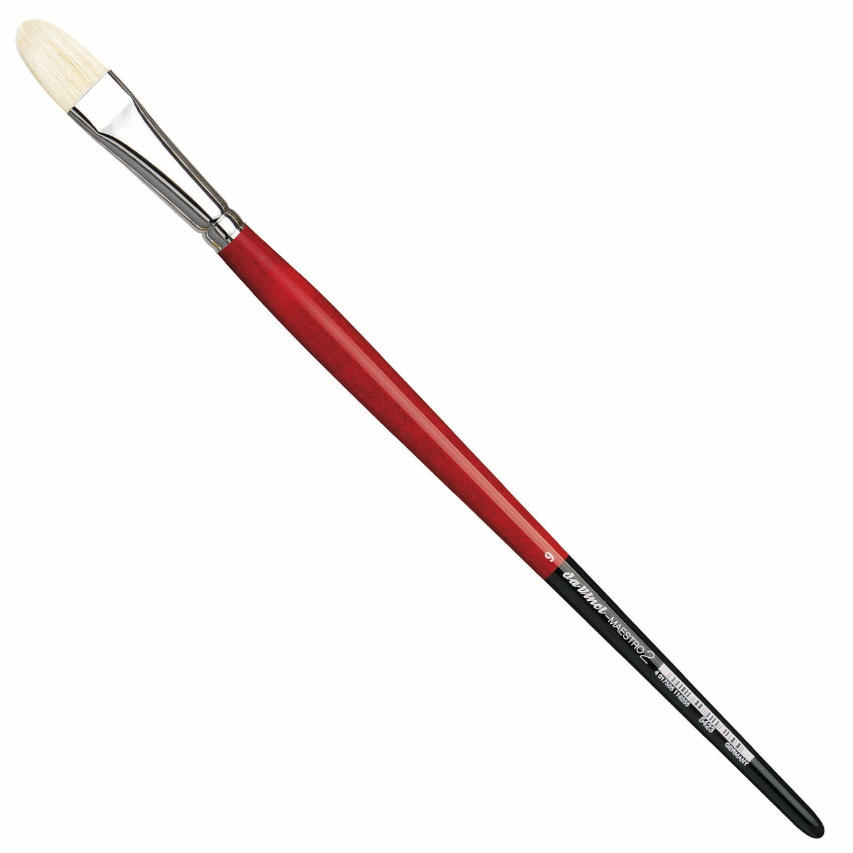 The Da Vinci Maestro 2 Bristle Brush is crafted by interlocking natural hog bristles deep into the ferrule, ensuring long-lasting elasticity, springiness, and durability. This design also allows the brush to hold colour exceptionally well. It features long red handles with black ends and silver ferrules, making it ideal for oil and acrylic painting. Additionally, its Filbert and Fresco shape makes it suitable for painting on wet, plastered surfaces and for mural painting on dry stucco.