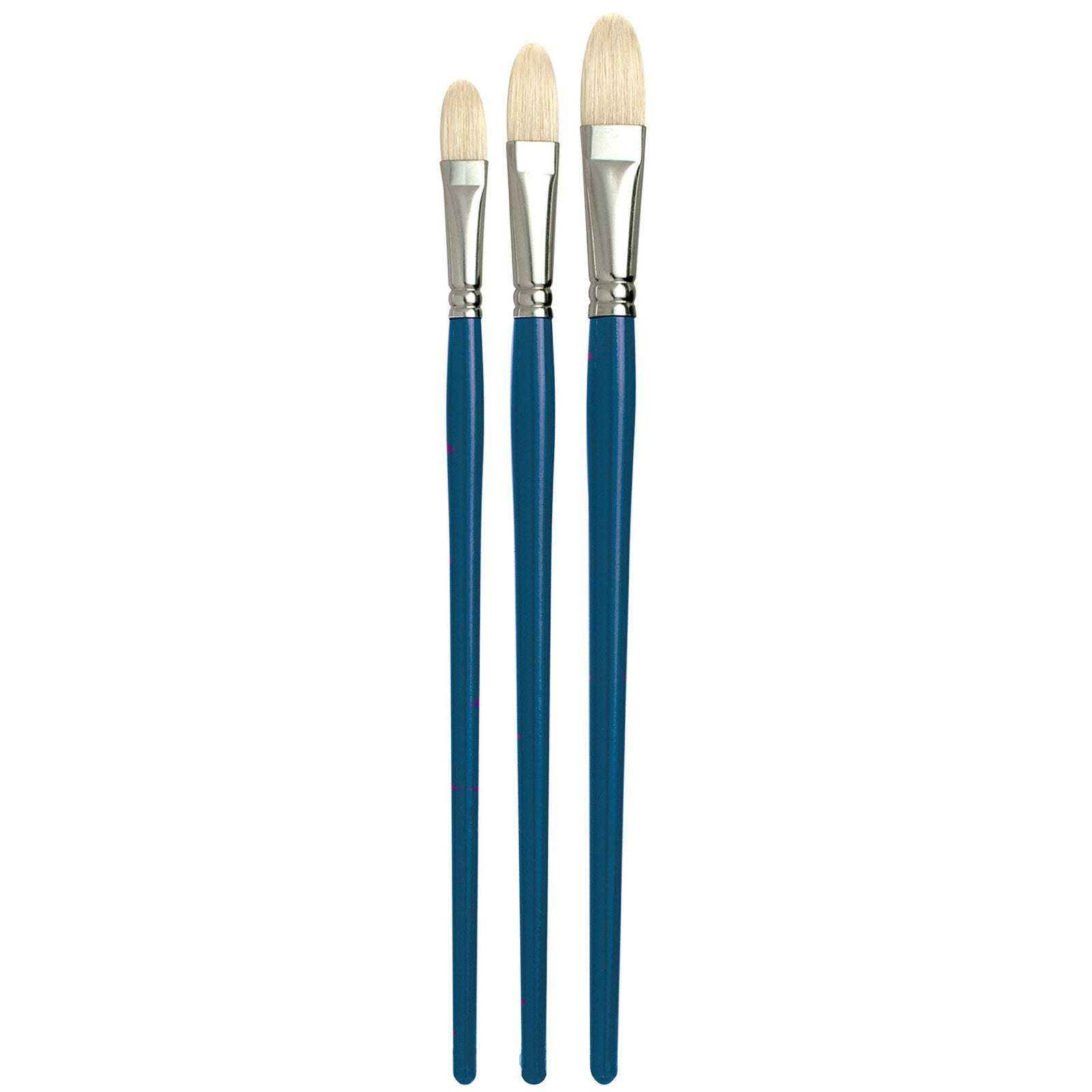 The Pro Arte Series C Studio Hog features four distinct shapes - Rounds, Flats, Filberts and Fans - for an affordable price. All are great for student painters and feature seamless nickel ferrules. The Medium size handles are sealed with a blue lacquer finish.