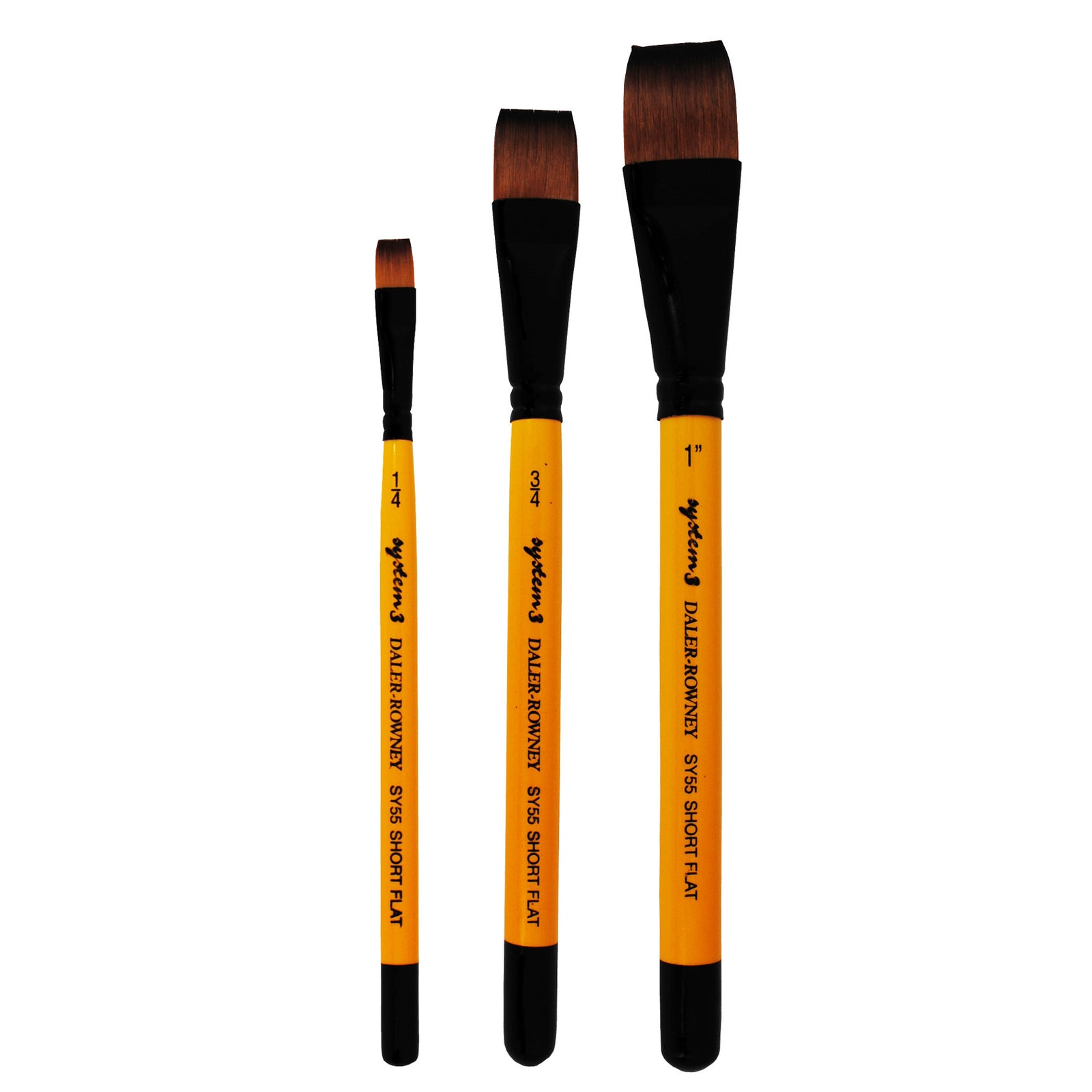 The System 3 Acrylic painting brushes from Daler Rowney are a great, economical range. These are popular art & craft painting tools, used by beginners and enthusiasts. They are made with soft, synthetic filaments which are resilient and durable, providing a good snap with a lovely spring. The System 3 SY55 edge is ideal for thin lines and corners for detailed work.