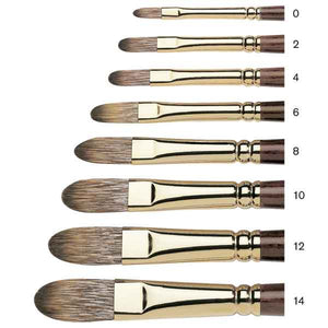 The Winsor & Newton Monarch Filbert brush boasts an oval shape that expertly combines the control of a short flat brush with the softer edges of a round brush. This professional-grade brush features synthetic hair that mimics the look and feel of natural Mongoose hair, which is now an endangered species. 