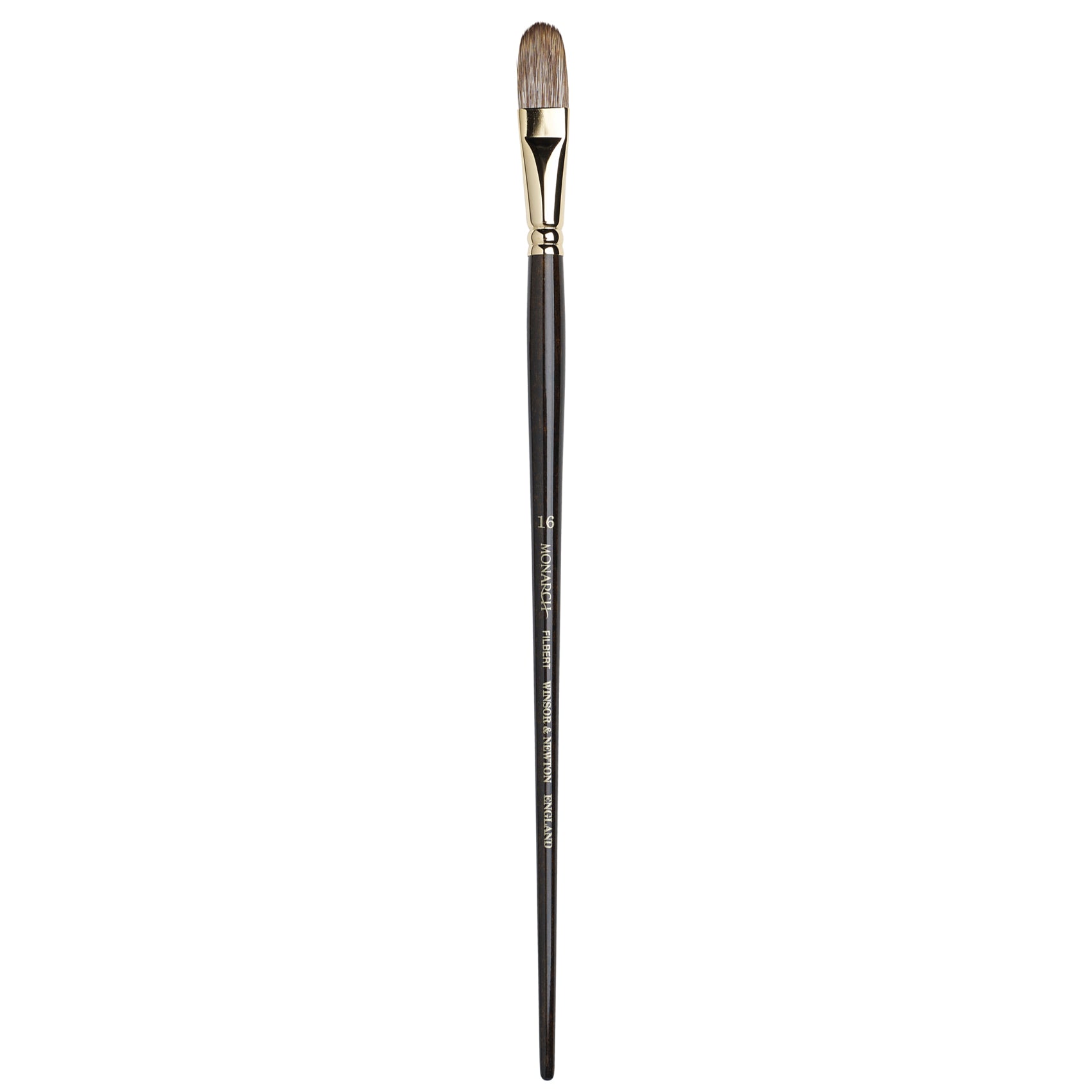 The Winsor & Newton Monarch Filbert brush boasts an oval shape that expertly combines the control of a short flat brush with the softer edges of a round brush. This professional-grade brush features synthetic hair that mimics the look and feel of natural Mongoose hair, which is now an endangered species. 